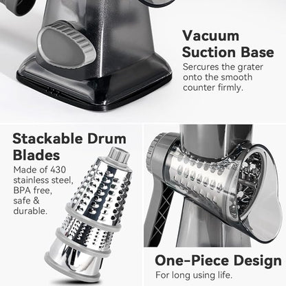 Cheese Grater Hand Crank Rotary Vegetables Shredder with Handle, 3-in-1 Graters with Interchangeable Blades and Non-slip Base Multifunctional Slicer for Kitchen