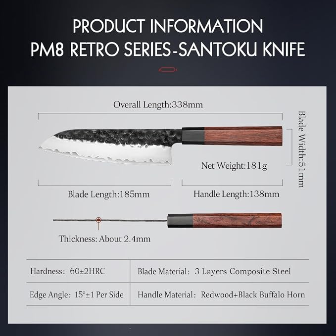HEZHEN Santoku Knife, 7 Inches, 3 Layers Clad Steel Chef Knife,Professional Japanese Kitchen Knife for Chefs and Home Cooking,Wooden Octagonal Handle