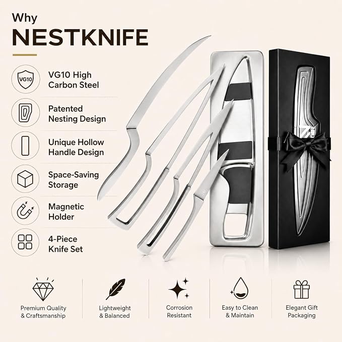 NestKnife Magnetic Kitchen Knife Set - 4 Piece VG10 High Carbon Stainless Steel Kitchen Knives with Patented Space-Saving Nesting Design & Magnetic Block - Ultra Sharp Professional Chef Knife Set