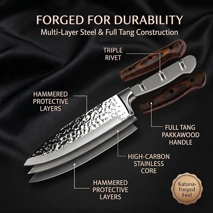 Methway Knife Set, 15-Piece Kitchen Knife Set with Block, High Carbon Stainless Steel Japanese Knife Set, Sharp Hammered Finish, Full Tang, Ergonomic Wood Grain Handle, Dishwasher Safe, Brown