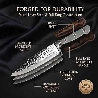 Methway Knife Set, 15-Piece Kitchen Knife Set with Block, High Carbon Stainless Steel Japanese Knife Set, Sharp Hammered Finish, Full Tang, Ergonomic Wood Grain Handle, Dishwasher Safe, Brown
