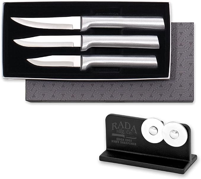 Rada Cutlery Paring Knife Galore Gift Set (S01) with Quick Edge Sharpener (R119), 3-Piece Knife Set and Knife Sharpener, Stainless Steel Blades, Silver Handle