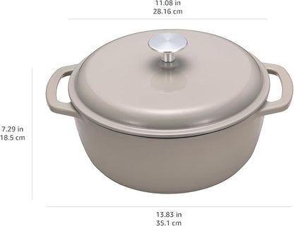 Amazon Basics Cast Iron Dutch Oven Pot with Lid, Enameled, Dual Handles, Round, Heavy-Duty, Medium, 6-Quart, Linen Gray