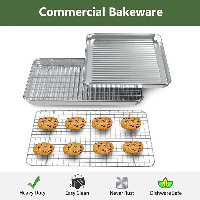 Rottay Aluminum Free Stainless Steel Baking Sheet & Cooling Rack Combo - 12.4 x 9.6 x 1 inch, Corrugated Surface, Firmly Welded Cooling Rack
