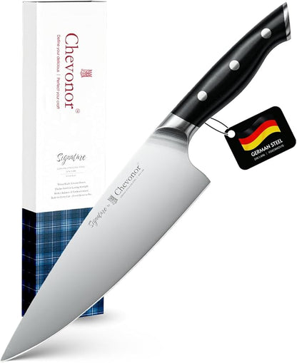 8 Inch Professional Chef Knife, 2.16" Extra Wide Blade German Steel DIN 1.4116, 3mm Thick Ultra Sharp Kitchen Knife with Full Tang Handle & Gift Box ｜Signature
