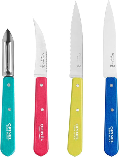 OPINEL Les Essentials - Small Kitchen 4 Piece Knife Set - Paring, Serrated, Peeler, Vegetable Knife, Corrosion Resistant High Carbon Steel, Made in France (POP 80)