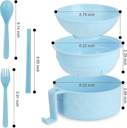 Ramen Bowl Set of 2, Ramen Cooker 33 oz, Ramen Bowls with Chopsticks and Spoon, Microwave Pasta Cooker, Ramen Bowl Microwave Gift College Dorm Essentials for Girls Guys (Blue&Pink)