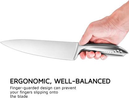 WELLSTAR Chef Knife 8 Inch, Razor Sharp German Stainless Steel Blade with Comfortable SS Hollow Finger Guard Handle for Kitchen Meat Sushi Vegetable Fruit Cutting Slicing Dicing, Gift Box