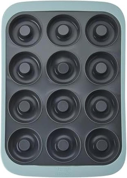 Chicago Metallic Silicone Donut Pan, 12 Cup Blue Nonstick Baking Pan for Donuts, Bagels and More, Wire-Reinforced Rim, Oven Safe to 428F, 14.6 x 10 x 1.4 Inches