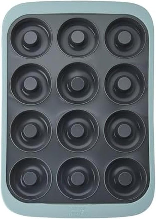 Chicago Metallic Silicone Donut Pan, 12 Cup Blue Nonstick Baking Pan for Donuts, Bagels and More, Wire-Reinforced Rim, Oven Safe to 428F, 14.6 x 10 x 1.4 Inches