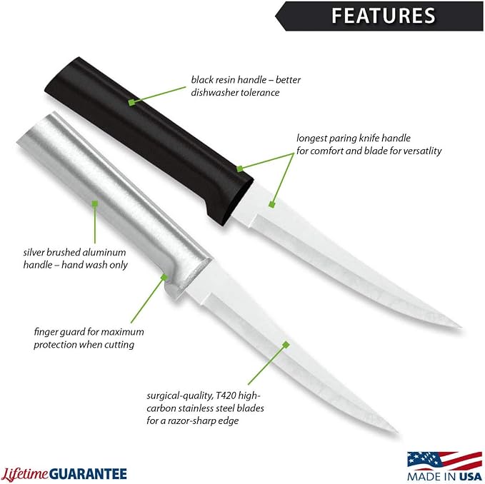 Rada Cutlery Super Parer Knife (W227), 4.38" Stainless Steel Blade, Black Handle, Pack of 6
