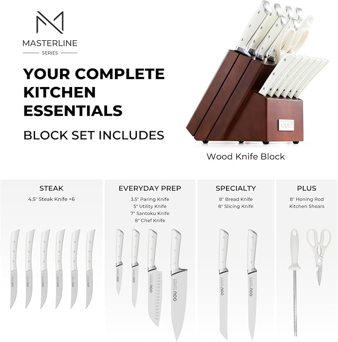 Knife Set, 15 Pcs German High Carbon Stainless Steel Kitchen Knife Set, Knife Sets with Block and Sharpener,Enduring Razor-Sharp FSC Wooden Knives Block Set for Kitchen，Brown