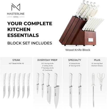 Knife Set, 15 Pcs German High Carbon Stainless Steel Kitchen Knife Set, Knife Sets with Block and Sharpener,Enduring Razor-Sharp FSC Wooden Knives Block Set for Kitchen，Brown