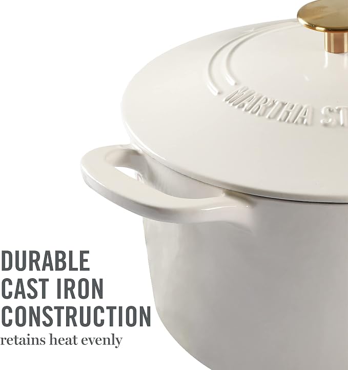 MARTHA STEWART Gatwick 7-Quart Enamel Cast Iron Dutch Oven – Linen White With Gold – Heavy-Duty Dutch Oven for Slow Cooking, Braising & Baking