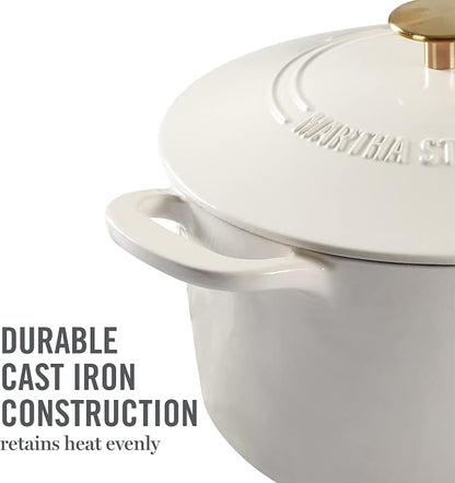 MARTHA STEWART Gatwick 7-Quart Enamel Cast Iron Dutch Oven – Linen White With Gold – Heavy-Duty Dutch Oven for Slow Cooking, Braising & Baking