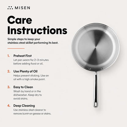 Misen 5-Ply Stainless Steel 12" Frying Pan - Professional Cookware for Induction, Gas and Electric - Dishwasher Safe, Oven Safe to 800°F - Durable, Versatile, Even Heating