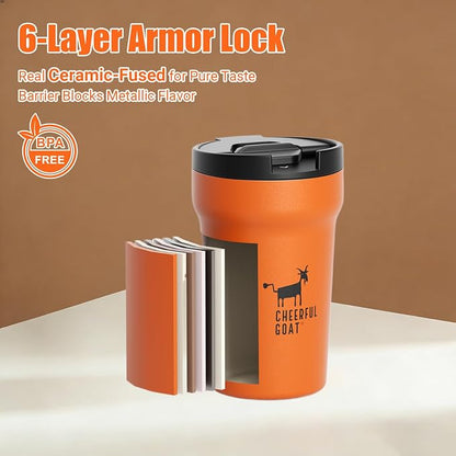 CHEERFUL GOAT Insulated Coffee Mug – Stainless Steel Travel Coffee Tumbler with Ceramic Liner, 12oz Coffee Cup for Hot and Cold Water Coffee at Home, Office, or On the Go (orange)