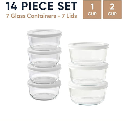 14-Piece Glass Food Storage Containers Set (7 Containers + 7 BPA-Free Lids) | 1-Cup & 2-Cup, Leakproof | Microwave, Freezer, Oven & Dishwasher Safe | Ideal for Meal Prep & Pantry Organization, White