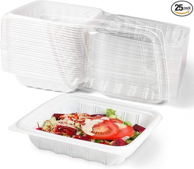 YANGRUI 25-Pack 34 oz 8" Hinged Takeout Box, Shrink-Wrapped No Pre-Wash | Anti-Fog Crystal Lid, Leakproof BPA-Free Square Container, Microwave Safe for Ramen, Salads, Asian & American To-Go Meals