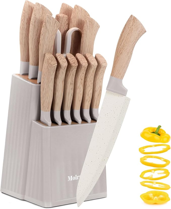 Knife Set, 15 Pcs Khaki Kitchen Knife Set for Home, Granite Nonstick Ceramic Coating, Stainless Steel Sharp Chef Knife Sets with Block, Wood Grain Handle, Ergonomic Non-slip Handle Knife Block Set