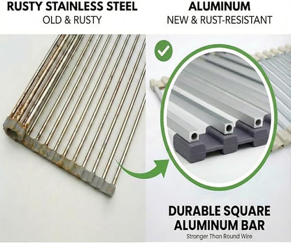Medium Aluminum Roll Up Dish Drying Rack (17" x 13") - Fits Sinks up to 16 Inches, Heavy Duty Square Bar, Rust-Proof & Heat Resistant with Removable Dish Holder (Purple Gray Medium)