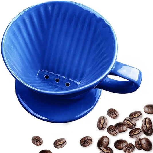 Handmade Pour Over Ceramic Coffee Dripper - Authentic Brewing Experience for Camping, Office, and Home (Blue)