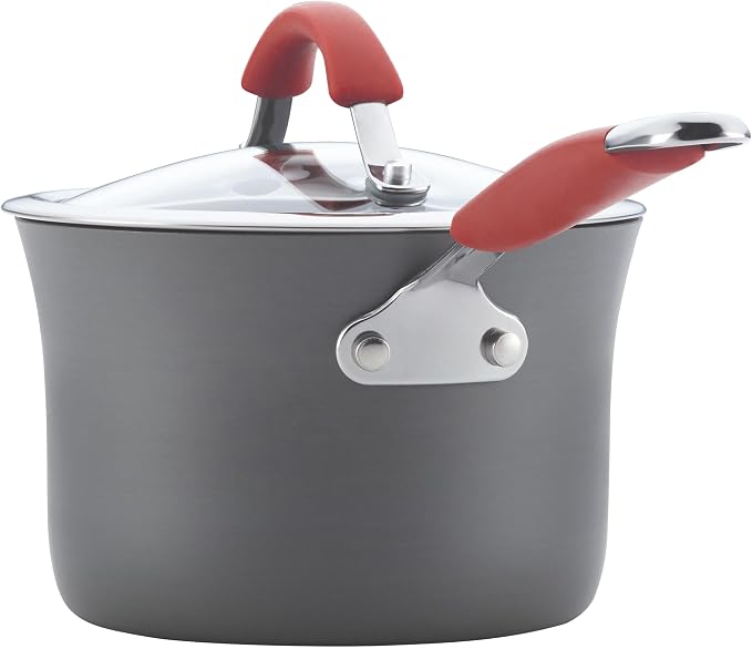 Rachael Ray Cucina Dishwasher-Safe Hard-Anodized Pots and Pans Set Non Stick Cookware, 12-Piece, Gray with Red Handles