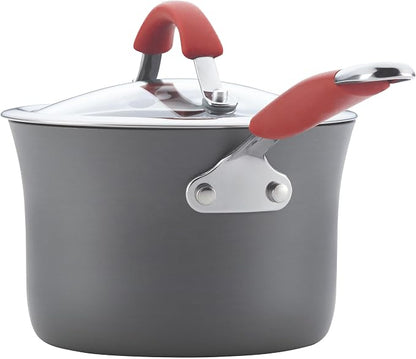Rachael Ray Cucina Dishwasher-Safe Hard-Anodized Pots and Pans Set Non Stick Cookware, 12-Piece, Gray with Red Handles