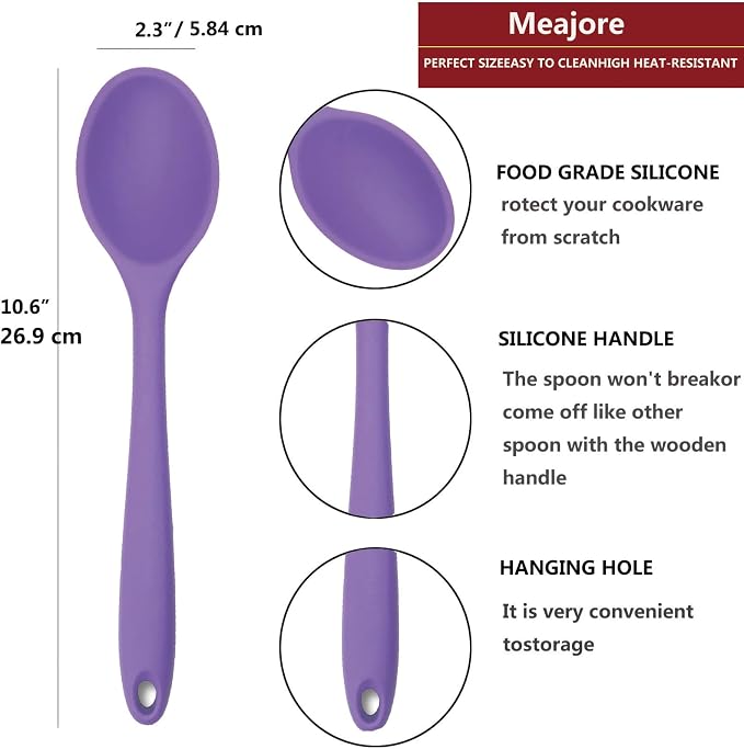 2 Pcs Silicone spoons for cooking heat resistant, Hygienic Design Cooking Utensi Mixing Spoons for Kitchen Cooking Baking Stirring Mixing Tools (Purple)