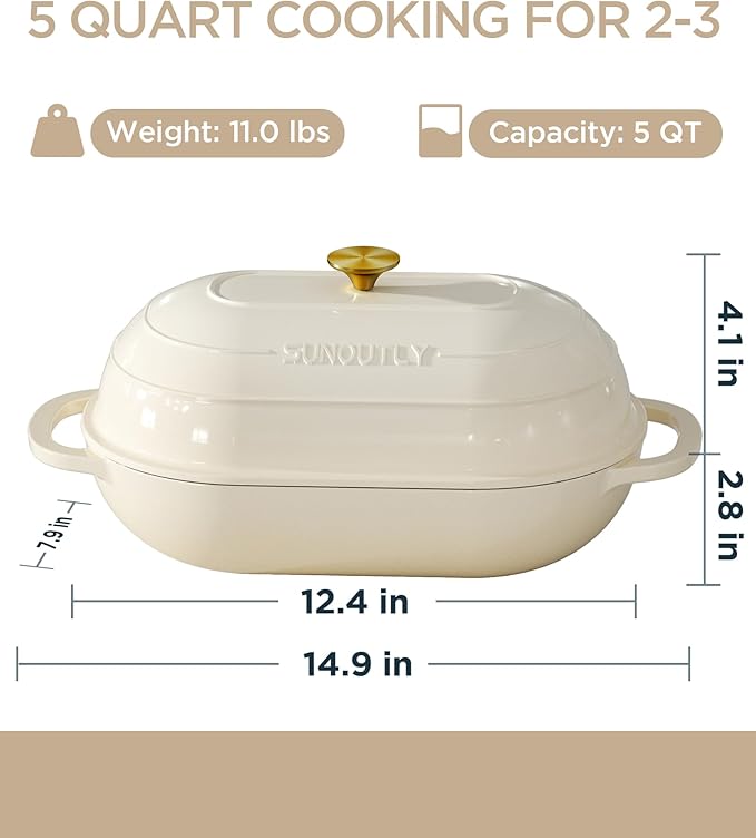 Enameled Cast Iron Bread Oven, 5QT Cast Iron Dutch Oven for Homemade Sourdough Bread Baking, Oval Bread Pot with Dome Lid & Cotton Potholders, Cream White