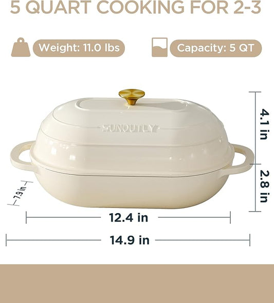 Enameled Cast Iron Bread Oven, 5QT Cast Iron Dutch Oven for Homemade Sourdough Bread Baking, Oval Bread Pot with Dome Lid & Cotton Potholders, Cream White