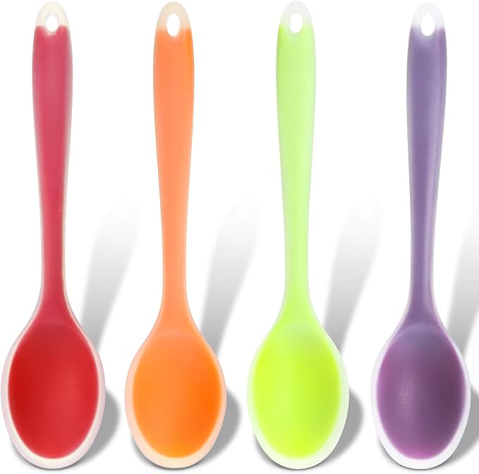 Patelai 4 Pieces Small Silicone Cooking Spoons 8 Inch Heat Resistant Silicone Serving Stirring Spoon for Kitchen Nonstick Cooking Tool Basting Utensils Dishwasher Safe(Red, Orange, Green, Purple)
