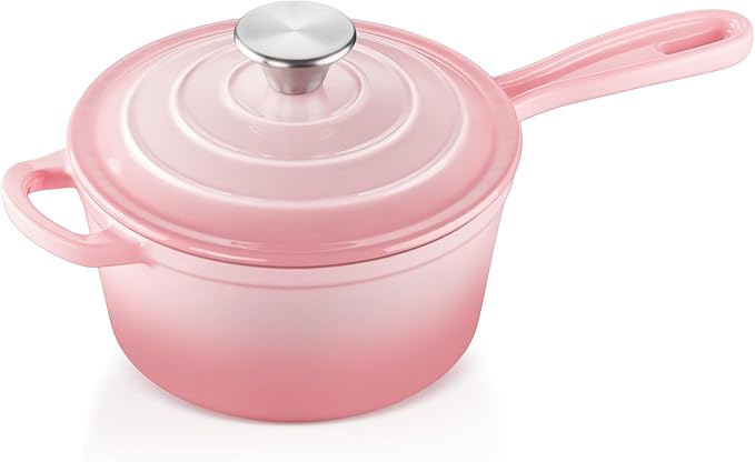 1 Quart Sauce Pan with Lid, Leonyo Small Cooking Pots, Enameled Cast Iron Cookware Set Simmer Pots for Kitchen Induction Boiling Soup, Bread, Ramen - Up to 500°F & Oven Safe, Pink