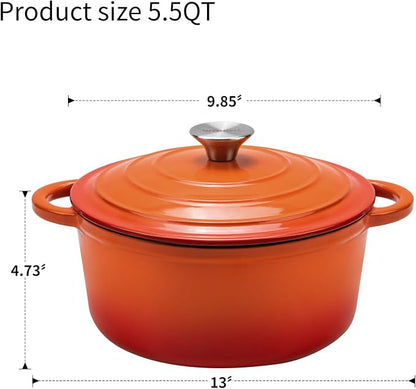 Enameled Cast Iron Dutch Oven - 5.5QT Pot with Lid,Oven Safe to 500°F,Heavy-Duty Cookware for Sourdough Bread Baking,Braising,Stews,Roasting Orange