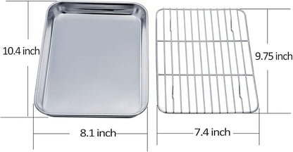 TeamFar Toaster Oven Pan Tray with Cooling Rack, 10.4''x 8.1''x1'', Stainless Steel Toaster Ovenware Pan, Healthy & Non Toxic, Rust Free & Easy Clean - Dishwasher Safe