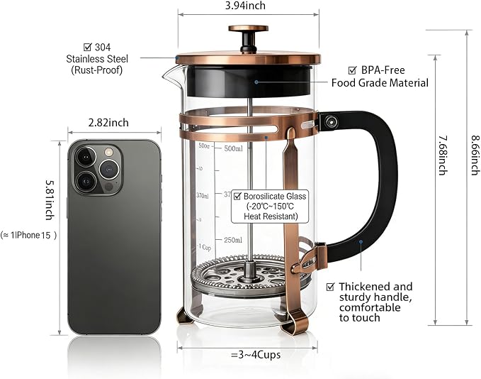 34oz French Press Coffee Maker, Thickened Borosilicate Glass & 304 Stainless Steel Double Mesh Filter. Cold Brew & Tea Brewer for Travel Camping, Kitchen Decor, Bar Accessories Gift (Copper)
