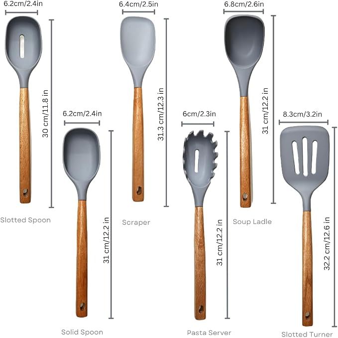 Premium Silicone Kitchen Utensil Set – 7-Piece Cooking Tools with Acacia Wood Handles and Bamboo Holder, Non-Stick, Heat Resistant, BPA-Free, Elegant Kitchen Gift (Grey -7pcs)