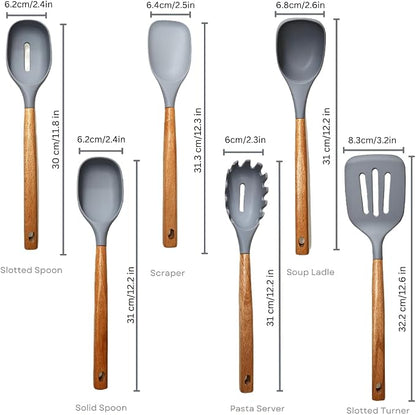 Premium Silicone Kitchen Utensil Set – 7-Piece Cooking Tools with Acacia Wood Handles and Bamboo Holder, Non-Stick, Heat Resistant, BPA-Free, Elegant Kitchen Gift (Grey -7pcs)