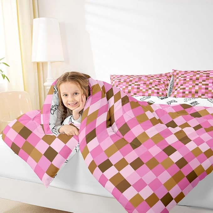 Manfei Pixel Grid Theme Comforter Set Queen Size,Cartoon Gamepad Duvet Insert Adults Bedroom Decor,Abstract Simple Bedding Set,Brown Pink Ultra Soft Microfiber Inner Fill 3Pcs Bedding