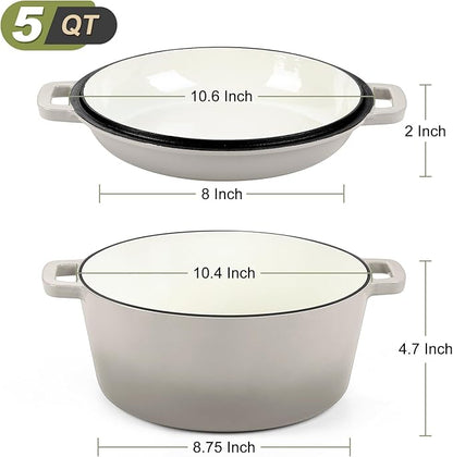 P&P CHEF 5Qt Dutch Oven Pot for Bread Baking (Khaki), 2 In 1 Round Cast Iron Dutch Oven with Lid Set, Skillet & Pot for Roasting Braising Stewing Frying Simmering, Multi Stoves & Oven Safe