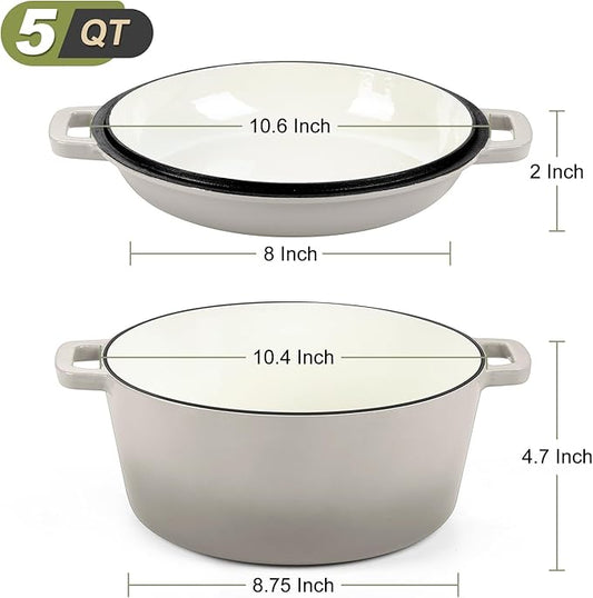 P&P CHEF 5Qt Dutch Oven Pot for Bread Baking (Khaki), 2 In 1 Round Cast Iron Dutch Oven with Lid Set, Skillet & Pot for Roasting Braising Stewing Frying Simmering, Multi Stoves & Oven Safe