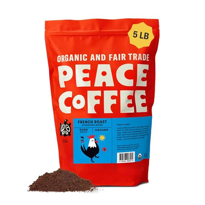 Peace Coffee French Roast, Ground Dark Roast, 5 lb, Organic Fair Trade, Nutty, Bold Flavor, Shade Grown, Fresh Roasted
