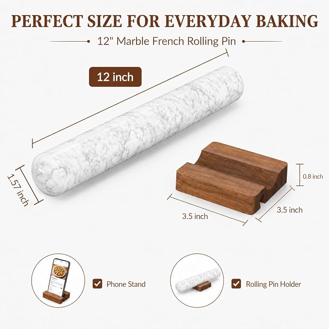 Marble French Rolling Pin for Baking, FiiMan 12 Inch Marble Rolling Pins with Wooden Stand, Heavy Stone French Polished Non-Stick Roller Pins For Baking Cookie Pizza Pastr (White)