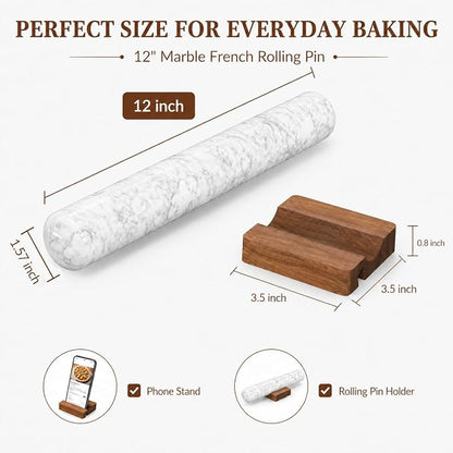 Marble French Rolling Pin for Baking, FiiMan 12 Inch Marble Rolling Pins with Wooden Stand, Heavy Stone French Polished Non-Stick Roller Pins For Baking Cookie Pizza Pastr (White)