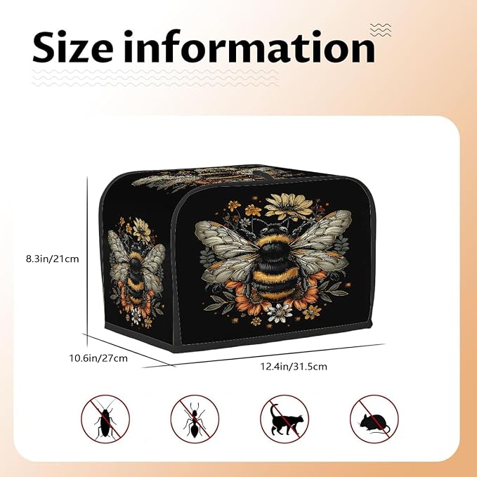 Animals Bee Toaster Cover 4 Slice Wide Slot Washable Toaster Covers | Flowers Art Dust and Fingerprint Protection Bread Maker Covers for Kitchen Accessories Decor Bakeware Women Gift
