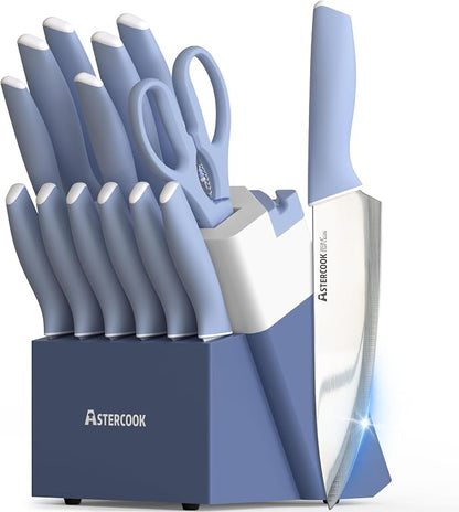 Astercook Kitchen Knife Set with Block and Sharpener 15 Piece German High Carbon Stainless Steel Knives Sharp Blade Dishwasher Safe Deba Knives with Ergonomic Handle, Delicate Blue