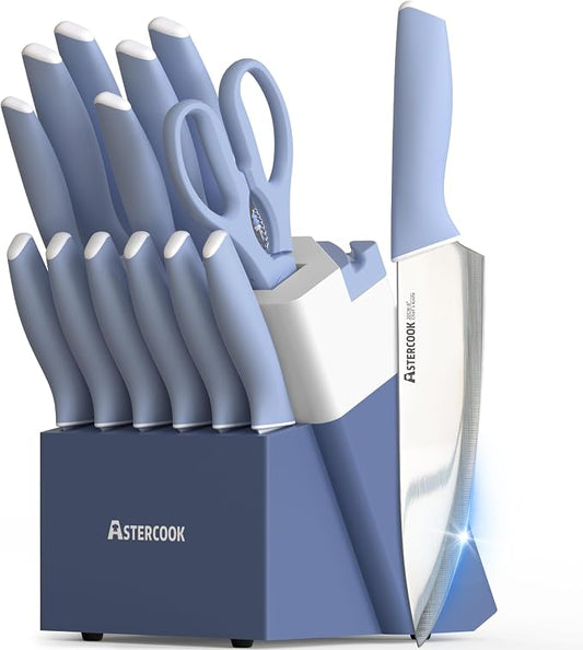 Astercook Kitchen Knife Set with Block and Sharpener 15 Piece German High Carbon Stainless Steel Knives Sharp Blade Dishwasher Safe Deba Knives with Ergonomic Handle, Delicate Blue