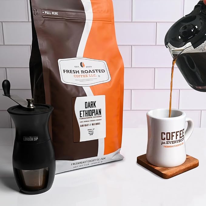 Fresh Roasted Coffee, Dark Ethiopian Yirgacheffe Kochere, 5 lb (80 oz), Dark Roast, Kosher, Ground
