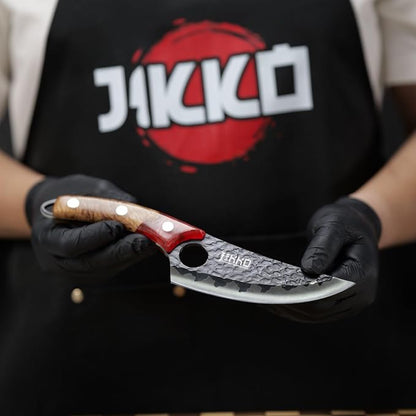 Jikko Japanese Knife Phoenix Edition Chef’s Knife, classic silhouette revisited: Forged & Hammered Blade, Black Titanium-Nitride Matte, Handcrafted Olive Wood & Resin Handle