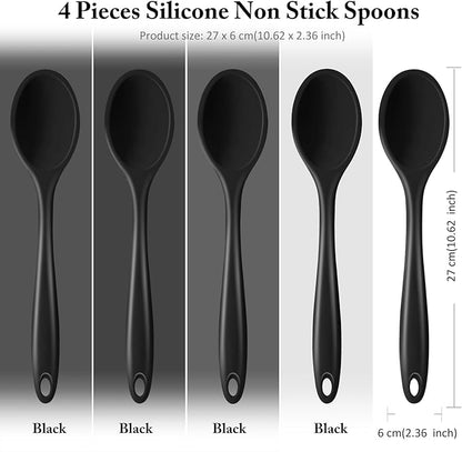 Shappy 4 Pieces Silicone Cooking Spoons 10.6 Inch Heat Resistant Kitchen Spoons for Mixing, Serving and Stirring Upgrade Large Non Stick Basting Utensils, Dishwasher Safe(Spoon,Black)